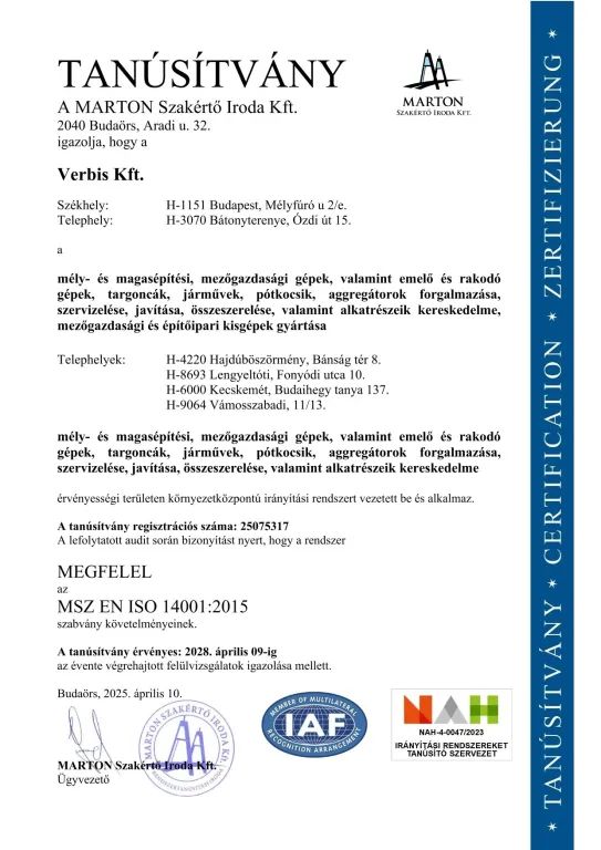 ISO 14001 Tanúsítvány magyar nyelven