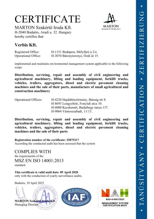 ISO 14001 Tanúsítvány angol nyelven