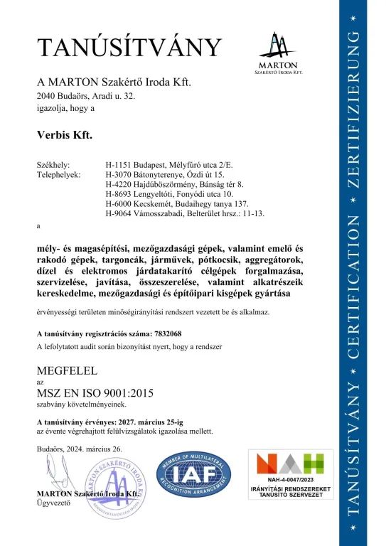 Verbis Kft. ISO 9001 Minőségirányítási tanúsítványa magyar nyelven