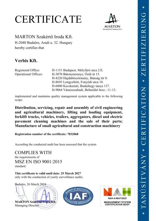 Verbis Kft. ISO 9001 Minőségirányítási tanúsítványa angol nyelven