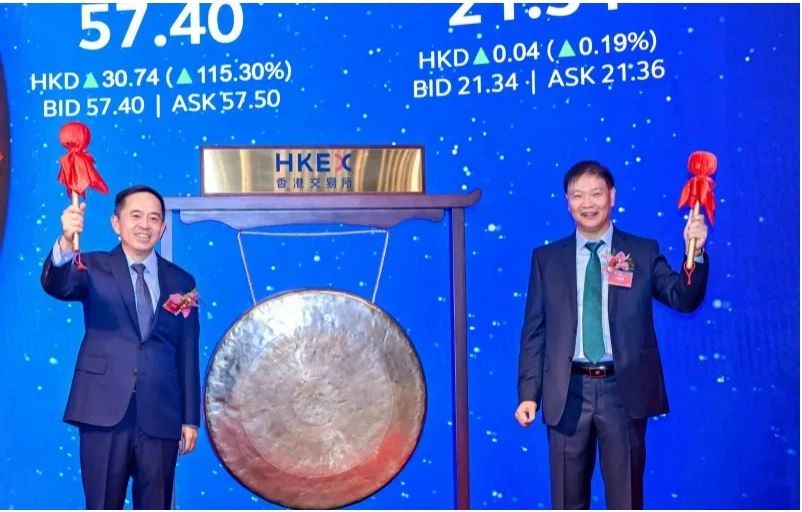 Xiang Wenbo úr és Yu Hongfu úr a nyitógongnál a Hongkongi tőzsdén