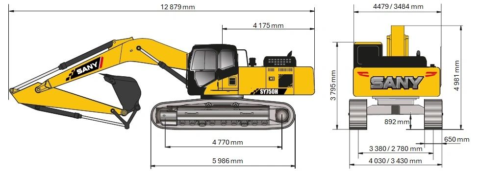 SANY SY750 lánctalpas kotrógép méretei