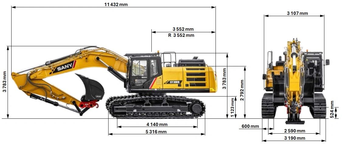 SANY SY390H lánctalpas kotró  méretei