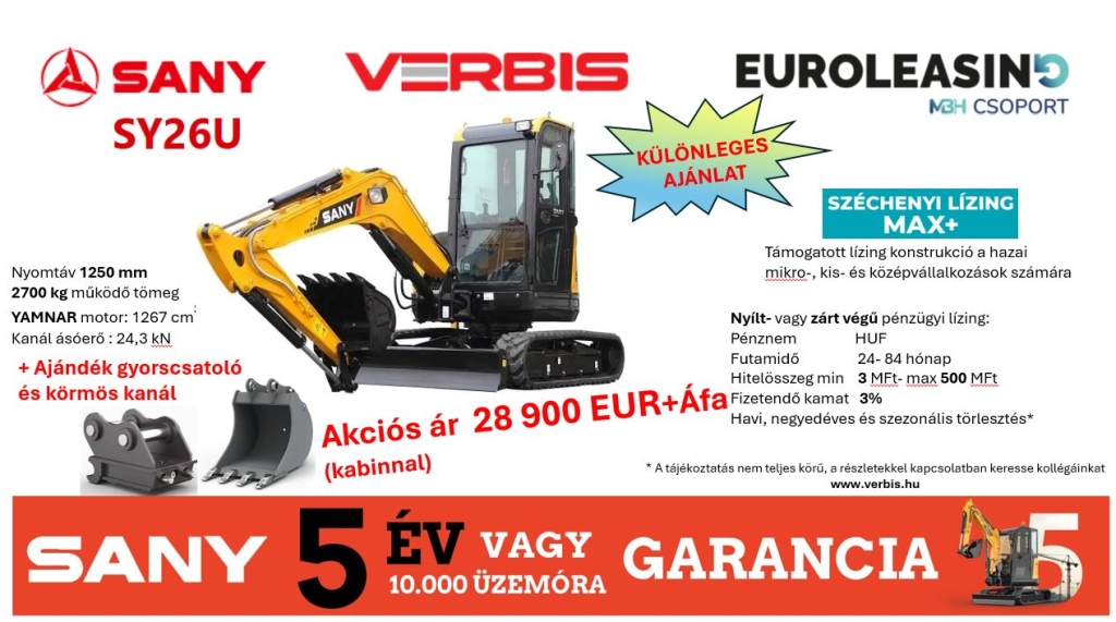 SY26U speciális ajánlat SANY 5 év garancia
