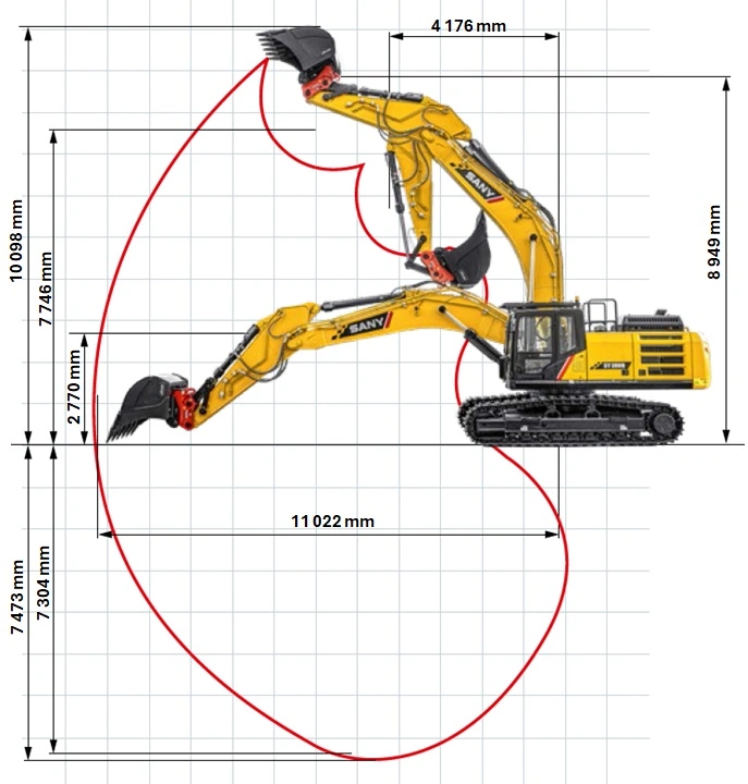 SANY SY390H lánctalpas kotró működési tartományok méretei SANY SY390H lánctalpas kotró működési tartományok méretei