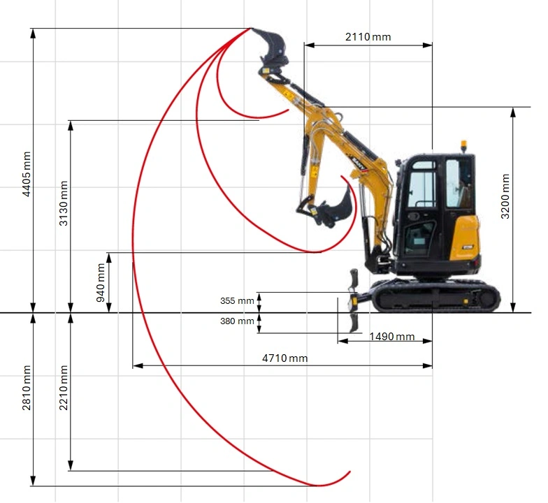 SANY SY26C 2,7 tonnás lánctalpas kotró működési tartomány méretei SANY SY26C 2,7 tonnás lánctalpas kotró működési tartomány méretei