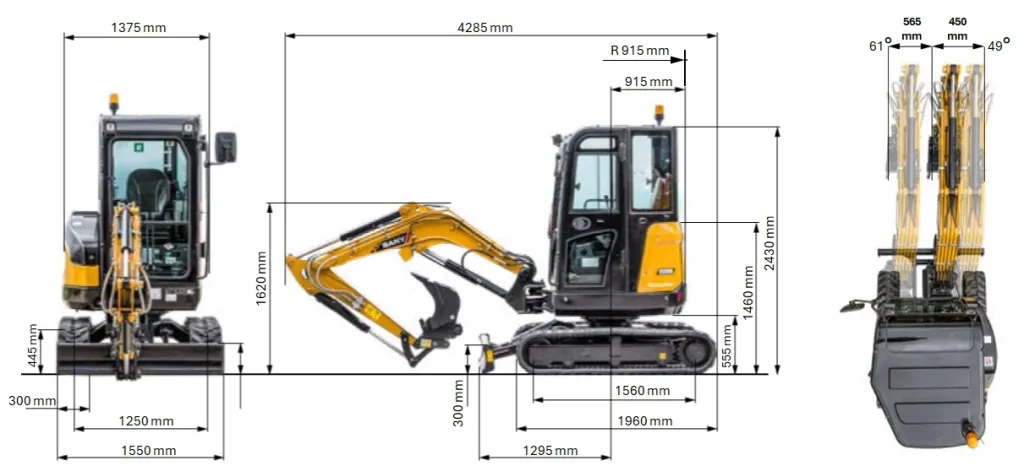 SANY SY26C 2,7 tonnás lánctalpas kotró méretei SANY SY26C 2,7 tonnás lánctalpas kotró méretei