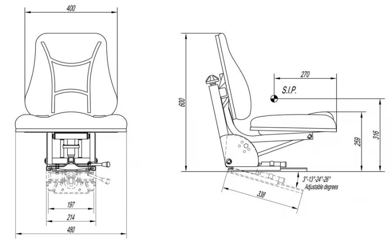 Vezetőülés, Traktorülés S351 méretei