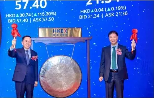 Xiang Wenbo úr és Yu Hongfu úr a nyitógongnál a Hongkongi tőzsdén