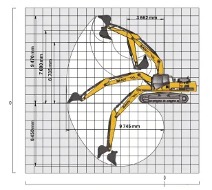 SANY SY215NlC 2540mm széles kotró munkatartomány méretek