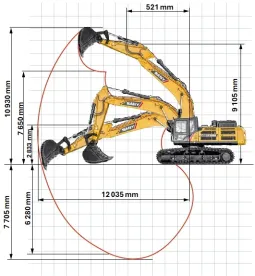 SANY SY500H lánctalpas kotró munkatartomány méretei