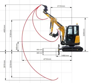 SANY SY26C 2,7 tonnás lánctalpas kotró működési tartomány méretei